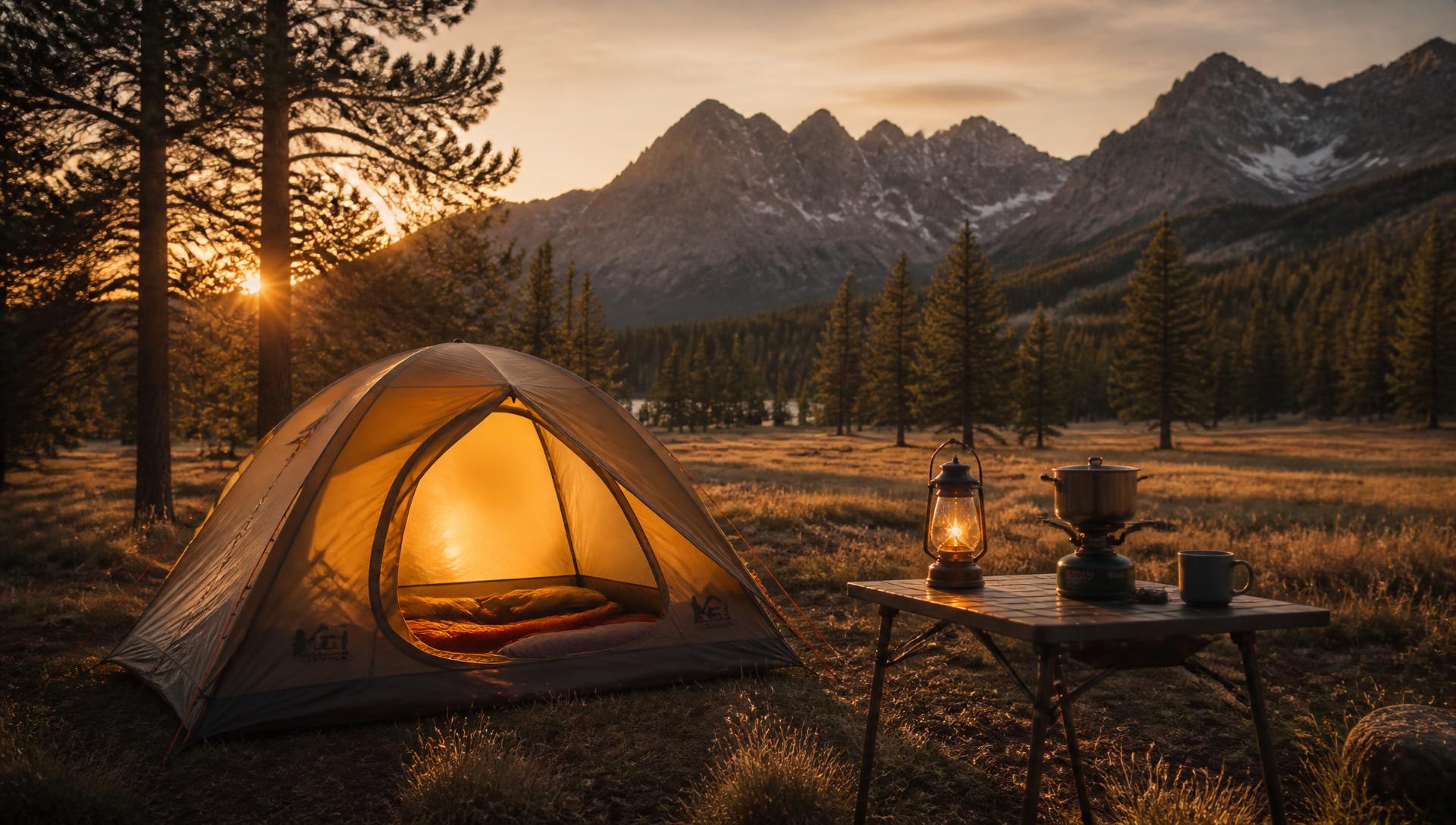 A lit tent in a mountain meadow at golden hour with a camp stove on a table